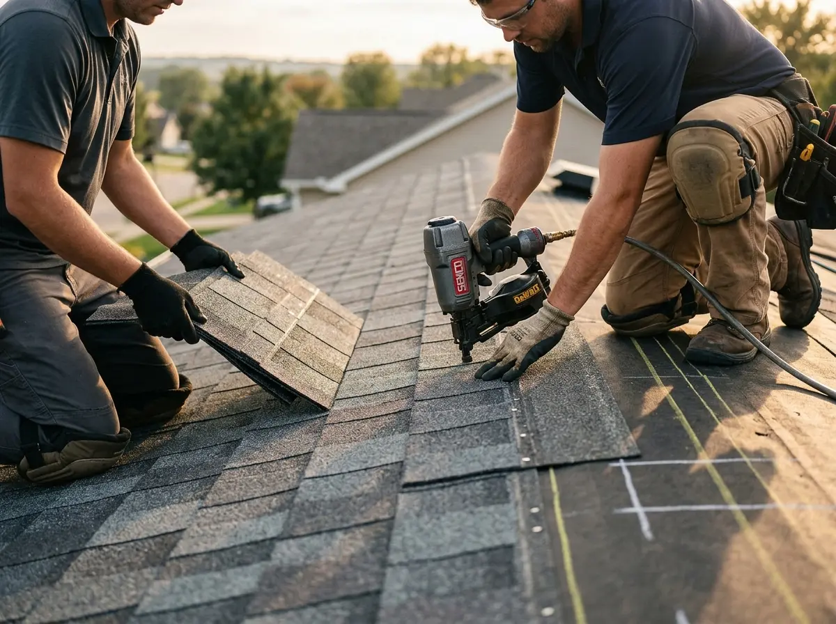 Professional roofer working on a residential roof in Beekman